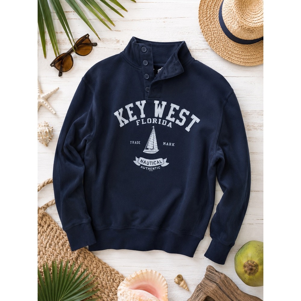 NWT ESY Surf Co Key West‎ Florida Navy Henley Sweatshirt Large Nautical Pullover